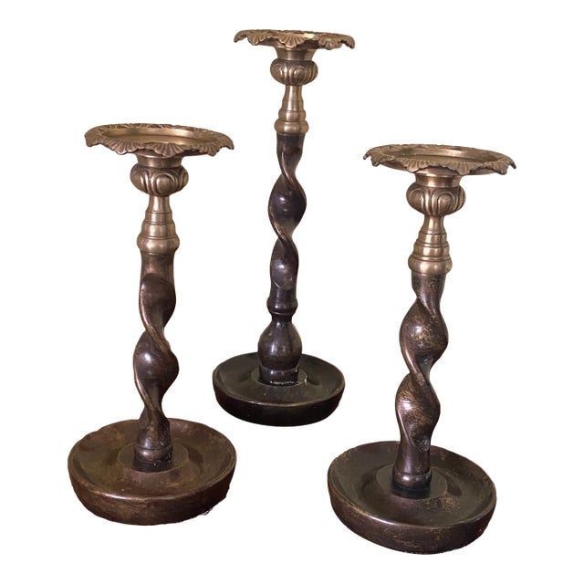 1990s Candle Holders Set of 3 - Old World Bronze With Brass For Sale