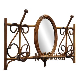 Rattan and Bamboo Wall Coat Rack with Mirror and Shelf, Italy, 1960s For Sale