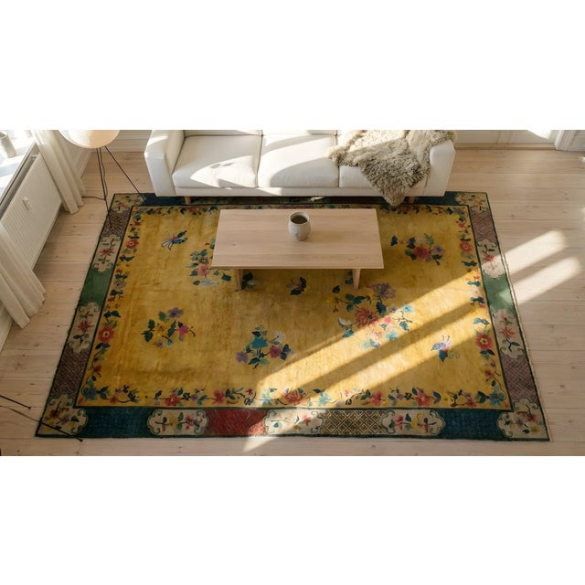 1920s Yellow Florid Antique Chinese Art Deco Carpet 7'2" X 9'10" Handknotted Wool Rug For Sale - Image 16 of 17