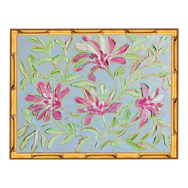 Original Clematis Garden Painting in Gold Bamboo Frame, Oil on Canvas Board, 14" X 18" by Tatiana Duperault For Sale