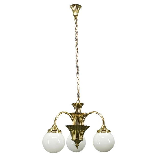 Czechoslovak Art Deco Brass and Opaline Glass Chandelier, 1930s For Sale - Image 15 of 15