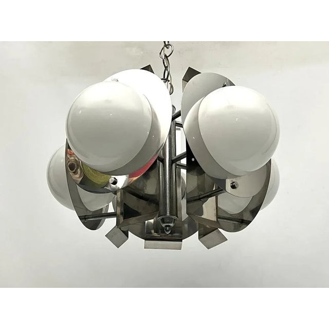 Silver Space Age Five-Light Hanging Light in Chrome and White Glass, Italy, 1970s For Sale - Image 8 of 9