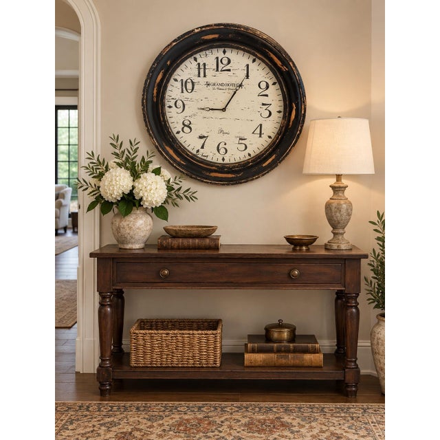 Late 20th Century Oversized Distressed Black-Brown French Hotel-Style Wall Clock For Sale - Image 4 of 6