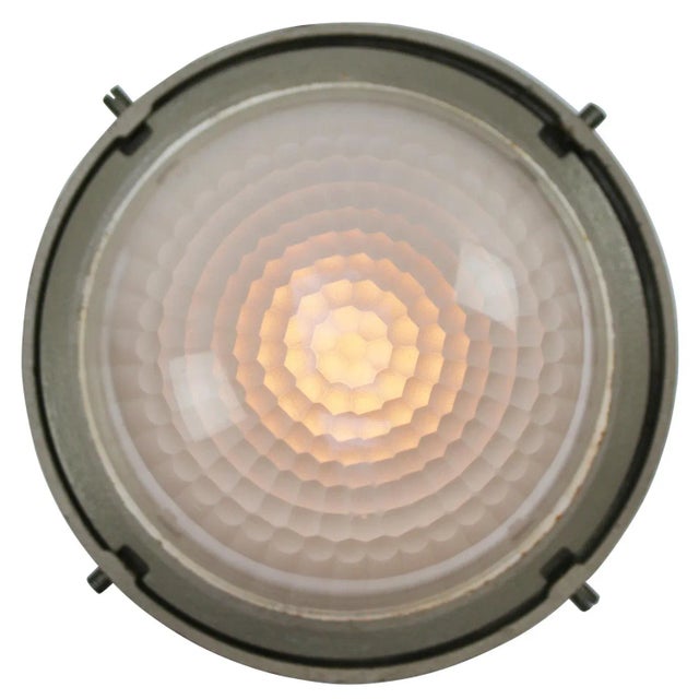 1950s Vintage French Industrial Beige Cast Iron and Frosted Cut Glass Flush Mount from Holophane For Sale - Image 5 of 6