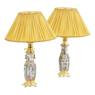 Canton Porcelain and Gilt Bronze Lamps, 1880s, Set of 2 For Sale