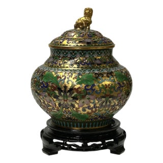 Golden Green Metal Cloisonné Lion Flower Enamel Round Box Jar For Sale