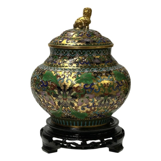 Golden Green Metal Cloisonné Lion Flower Enamel Round Box Jar For Sale