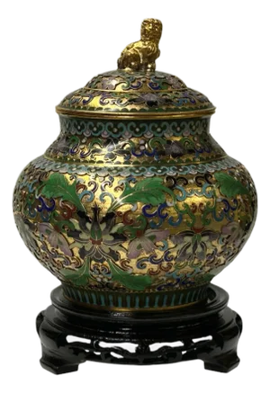 Golden Green Metal Cloisonné Lion Flower Enamel Round Box Jar