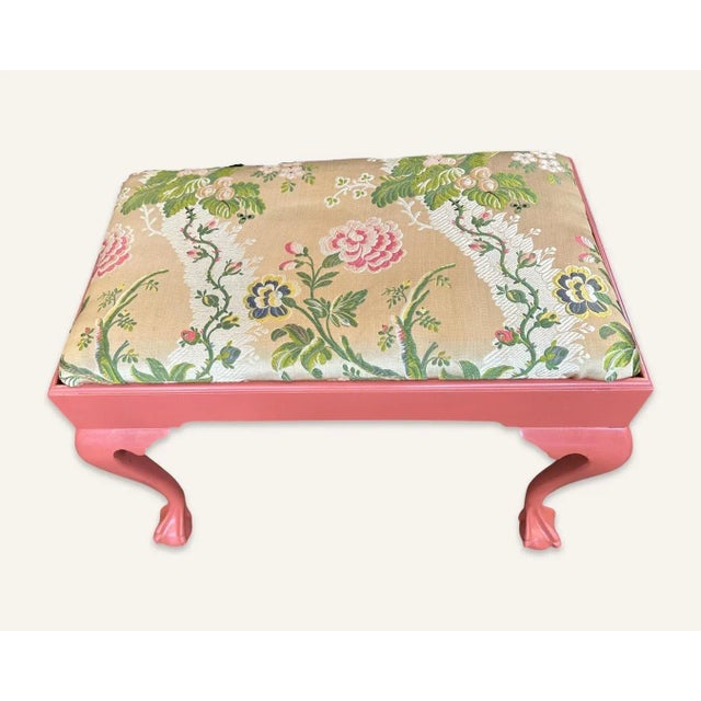 This painted Chippendale style silk upholstered bench is a 20th century reproduction in very good condition. The bench has...