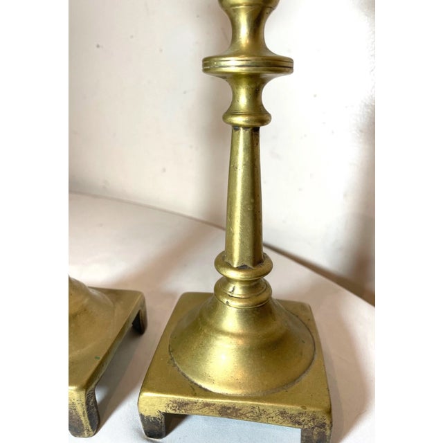 Rare Pair Primitive Antique 18th Century Turned Brass Candlestick Candle Holder For Sale - Image 4 of 12