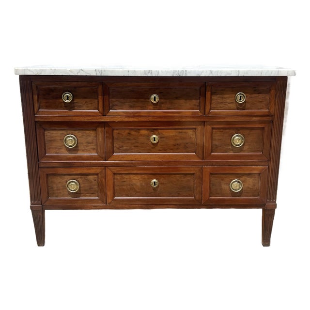 French 19th Century Louis XVI Walnut Carrara Marble Top Chest of Drawers For Sale