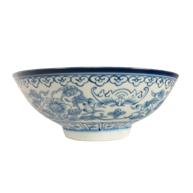 Antique Chinese 18thC Style Qianlong Qing Dynasty Blue White Porcelain Bowl 1880 For Sale - Image 4 of 11