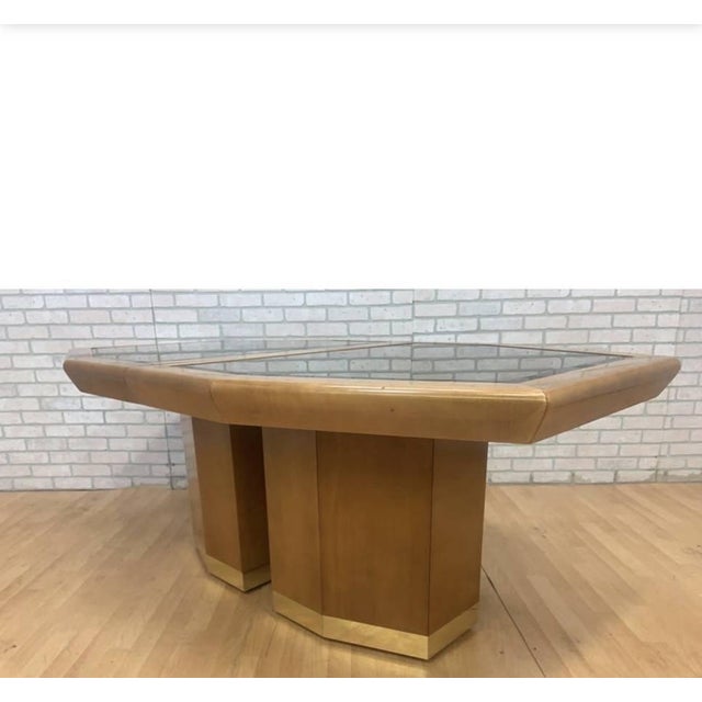 A striking 1980s Art Deco / post-modern dining set by American of Martinsville. The table has a mirrored burlwood base, a...