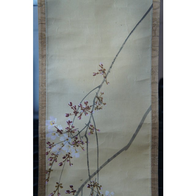 Early 20th Century Antique Japanese Cherry Blossom Watercolor Silk Scroll Painting For Sale - Image 9 of 12