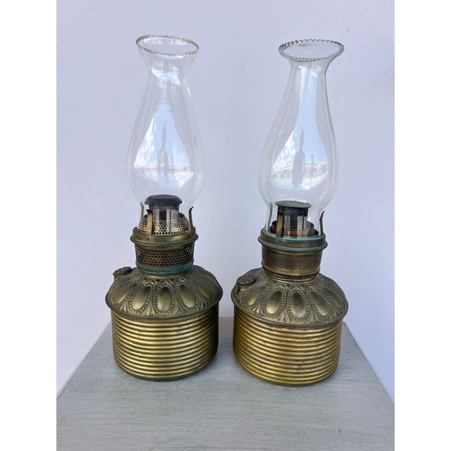 Antique Brass and Glass Chimney Oil Lamps - 2 For Sale In West Palm - Image 6 of 9
