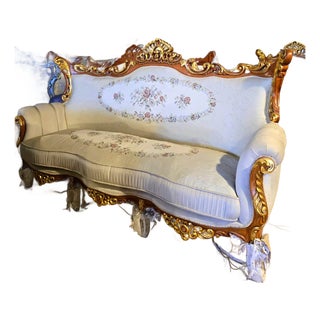 Grand French Louis XV Three-Seat Sofa With Floral Upholstery & Hand-Carved Gold Leaf Frame For Sale