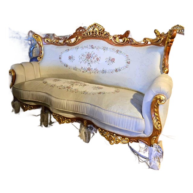 Grand French Louis XV Three-Seat Sofa With Floral Upholstery & Hand-Carved Gold Leaf Frame For Sale