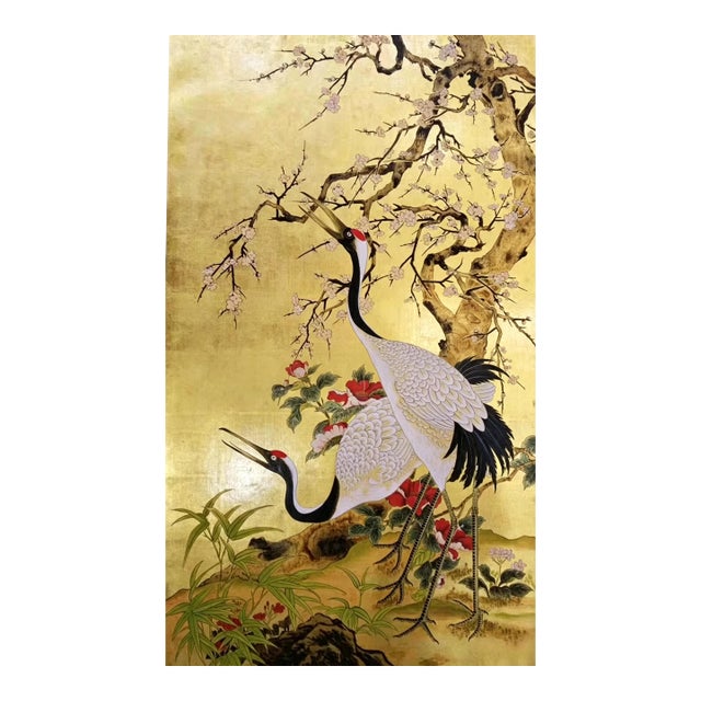 Luxury Hand Painted Gold Leaf Wallpaper With Crane & Plum Blossom Chinoiserie Design, Oriental Bird Wall Mural, Custom Designer Wallcovering For Sale