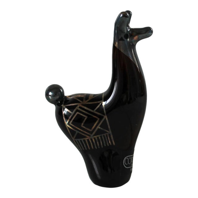 Vintage Copabella Peruvian Art Glass Llama Paperweight / 990 Silver Overlay For Sale