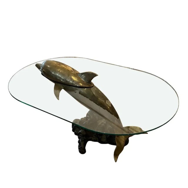 Metal Mid-Century French Brass and Glass Dolphin Coffee Table, 1960s For Sale - Image 7 of 7