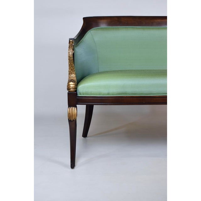 Wood French Empire Style Curved Walnut Settee With Dolphin Arms, New Green Silk For Sale - Image 7 of 13