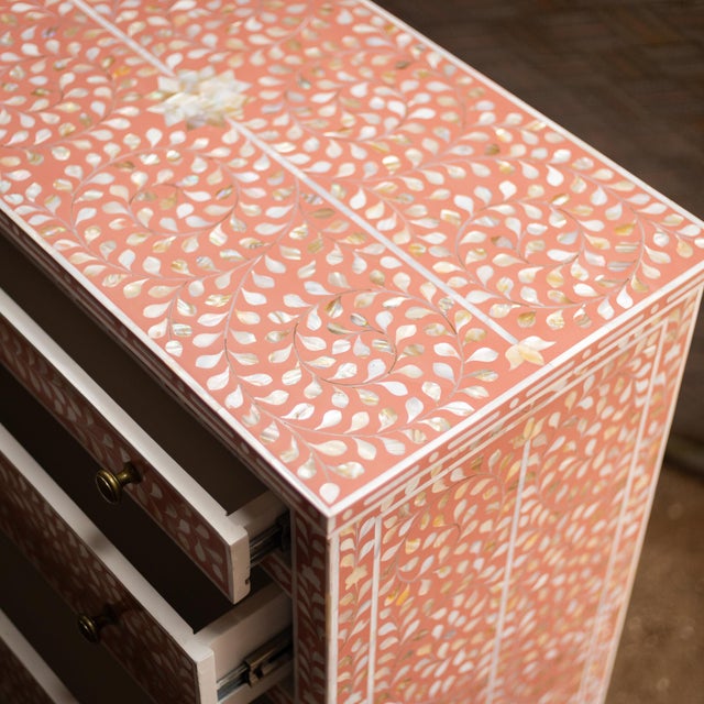 Arabesque Inlay Five-Drawer Tallboy - Coral by House of Jaipur For Sale - Image 6 of 10