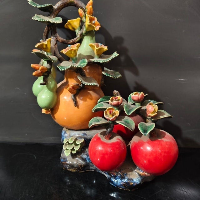 Chinese Vintage Shiwan Kiln Glazed Gourd & Apple Sculpture / Chinese Good Luck Statue For Sale - Image 3 of 7