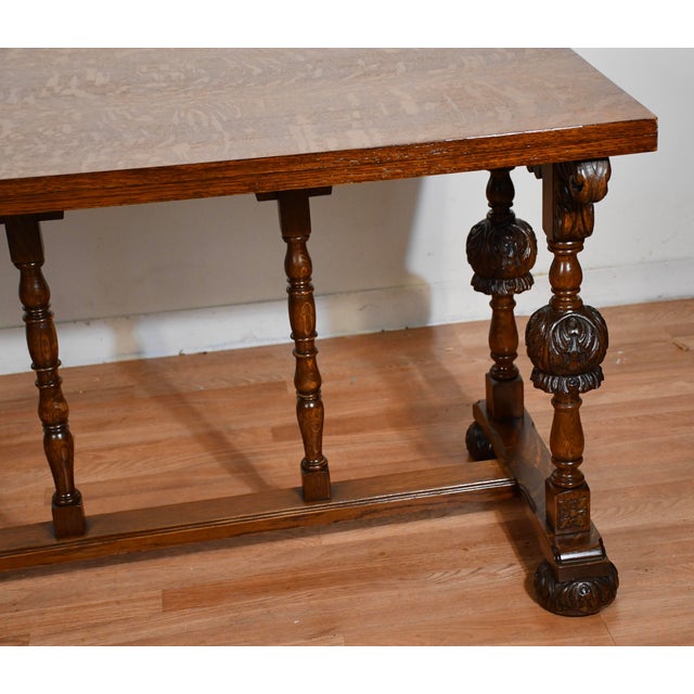 1900s Antique Tiger Oak Jacobean Style Console Table, Library Table, Desk For Sale - Image 11 of 13