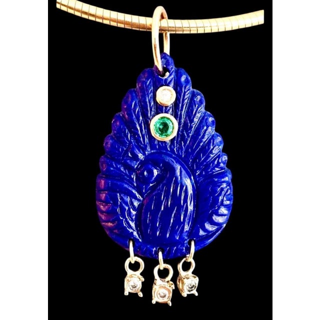 Lapis Peacock Pendant With Emeralds, Diamonds & 14k Gold For Sale In New York - Image 6 of 13