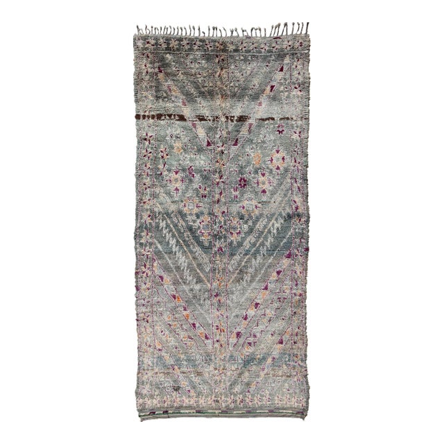 Vintage Hand Knotted Moroccan Rug With All-Over Tribal Design in Shades of Blueish/Green For Sale