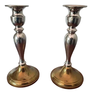1960s Weighted Web Pewter Silver & Brass Candle Holders- a Pair