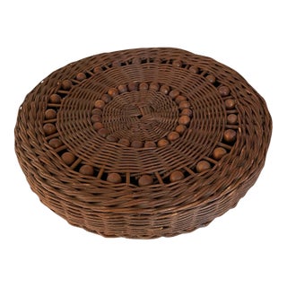 Vintage Round Wicker Button Basket With Wood Beaded Lid For Sale