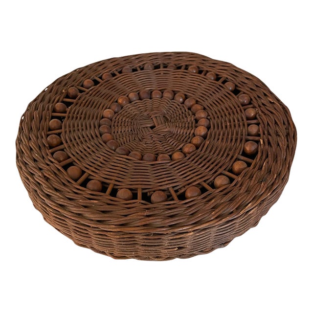Vintage Round Wicker Button Basket With Wood Beaded Lid For Sale