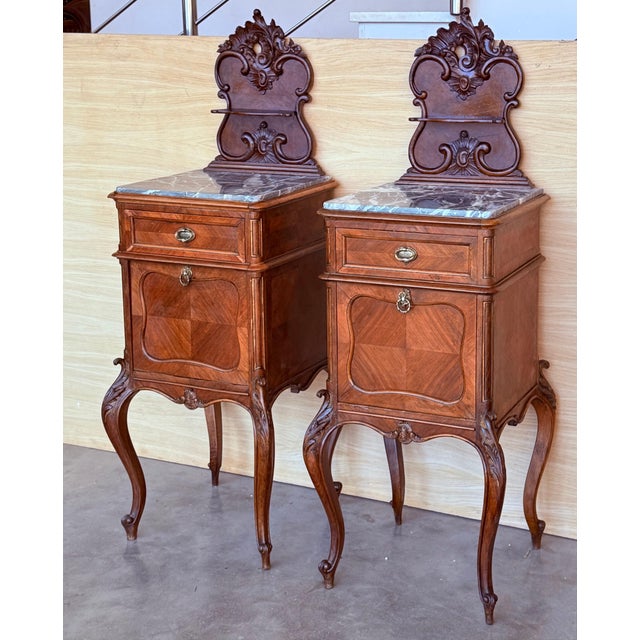 Antique French Mahogany Night Stands with marble top and crest, 1900, A Pair For Sale - Image 17 of 18