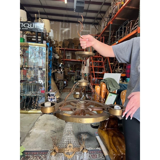 Vintage Wooden and Brass Captains Wheel Chandelier For Sale In Atlanta - Image 6 of 7