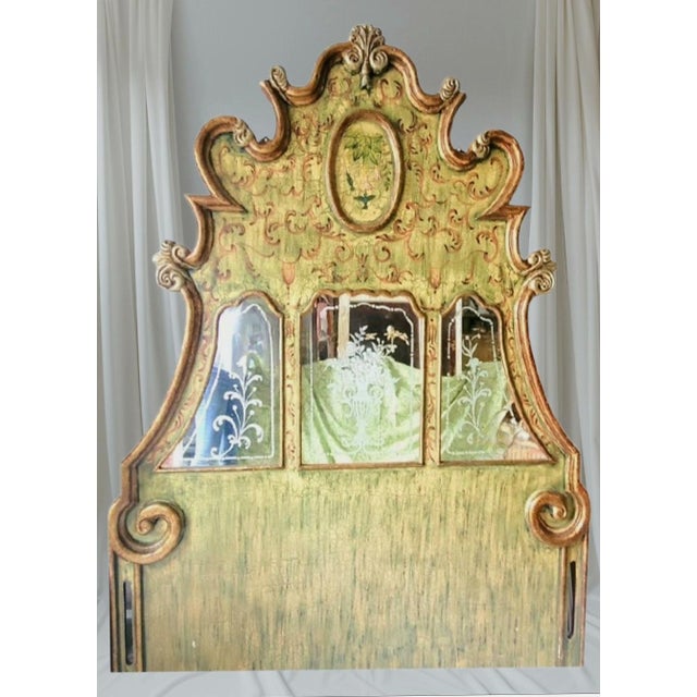 Metal Rare Monumental Vintage Venetian Rococo Scroll Etched Mirrored Chinoiserie 7ft Tall Queen Size Headboard For Sale - Image 7 of 11