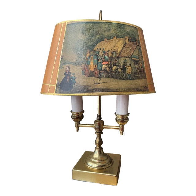 Mid 20th Century Vintage Brass French Bouillotte Table Desk Lamp With Old Country Theme Lamp Shade For Sale
