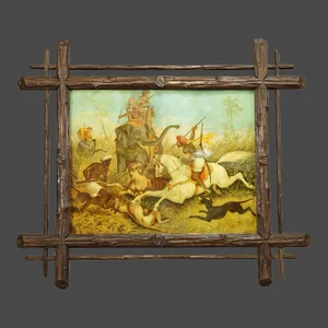 Antique Oil Print With Dramatic Tiger Hunting Scene in India 19th Century