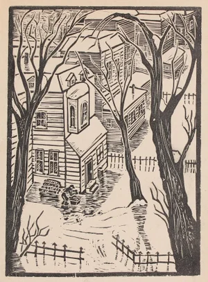 1940s Vintage Neighborhood Linoleum Block Print by Mary Watterick Evans