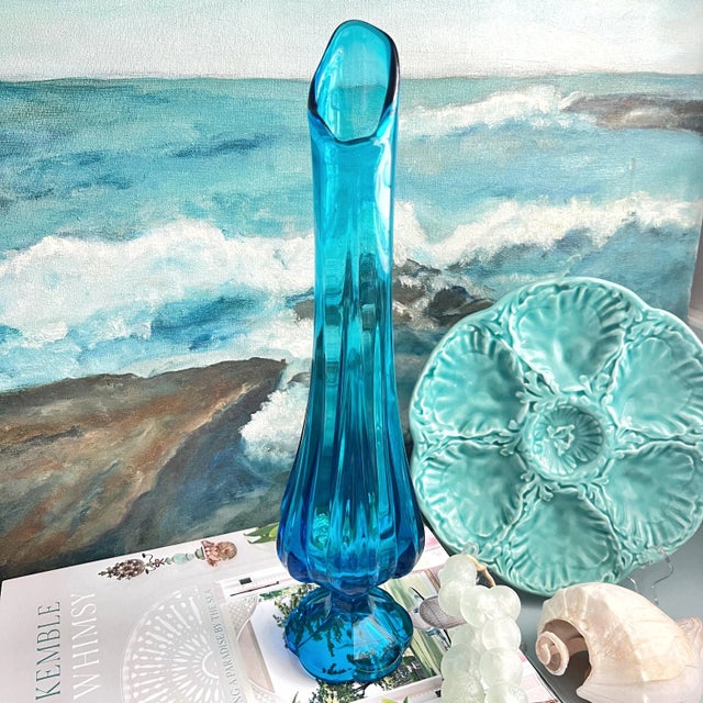 Blue Mid Century Blue Swung Glass Vase For Sale - Image 8 of 8