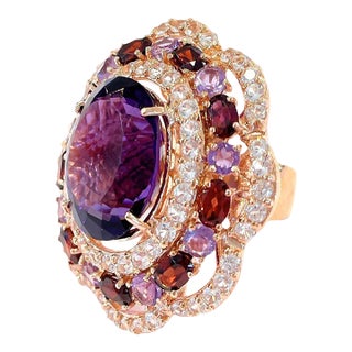 Bochic “Flamenco” Ametyist & Multi Gems Cocktail Ring 18k Gold & Silver Size 4.5 For Sale
