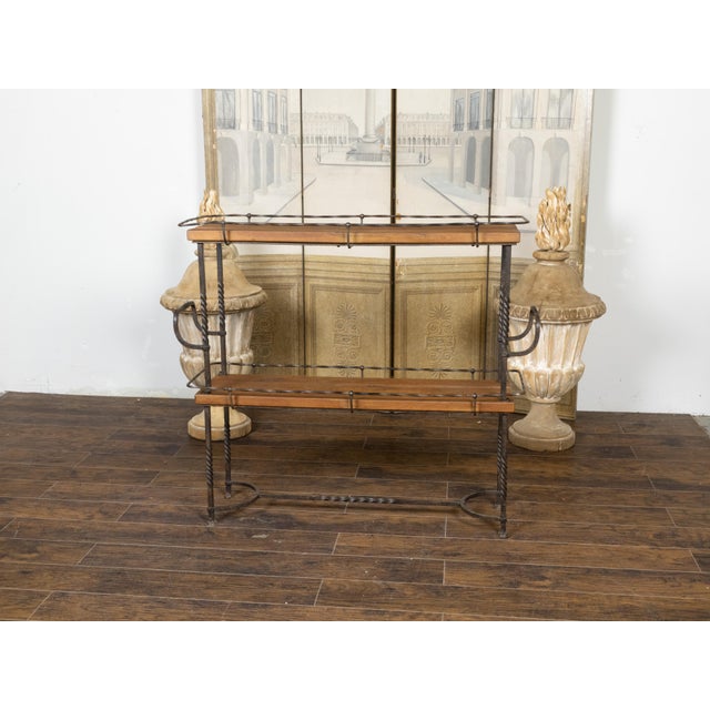 Brown American Midcentury Metal and Wood Two-Tiered Shelving Unit with Twisted Motifs For Sale - Image 8 of 12