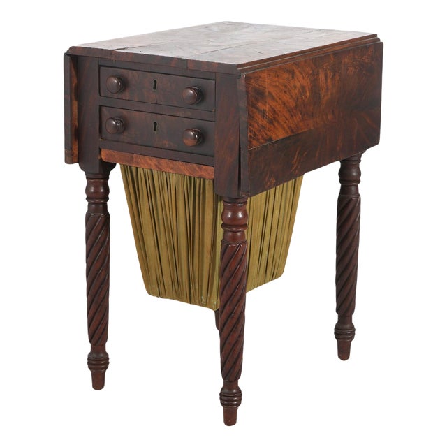 Antique Sheridan Flame Mahogany Two-Drawer Drop-Leaf Sewing Stand & Basket C1830 For Sale