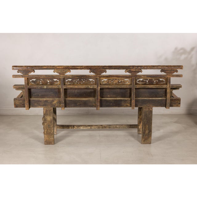 Antique Chinese Rustic Wood Bench with Carved Openwork Back For Sale - Image 4 of 14
