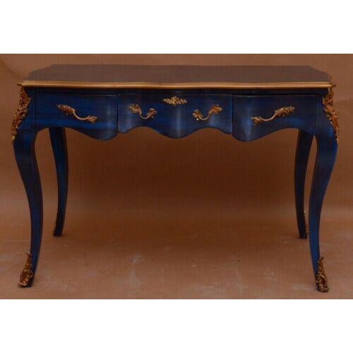 Blue With Gold Louis XV Antique Style Desk with Chair - 2 Pieces For Sale - Image 9 of 9