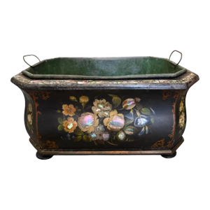 Antique Papier Mache Black Chinoiserie Mother of Pearl Inlaid Jardiniere Planter