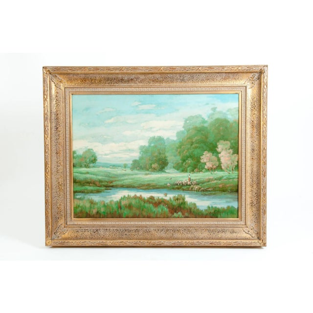 Wood Large "Green Meadow" Giltwood Framed Oil / Canvas Painting For Sale - Image 7 of 7