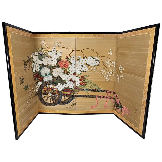 This Japanese Showa Byobu screen divider, depicting "Flower Cart" across four panels and in wonderful condition. Japanese...