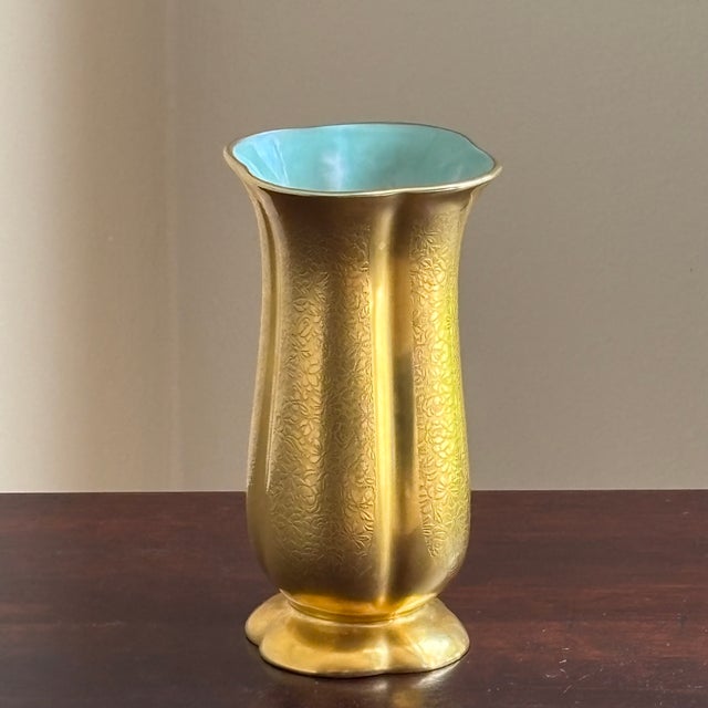 Mid-20th Century Pickard China Gold Encrusted Floral Vase W/ Turquoise Interior For Sale - Image 9 of 13