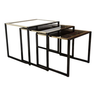 Nesting Tables in Gold-Plated and Black Metal, 1970s, Set of 3 For Sale